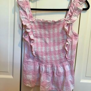 Pink Gingham smocked peplum ruffle blouse
